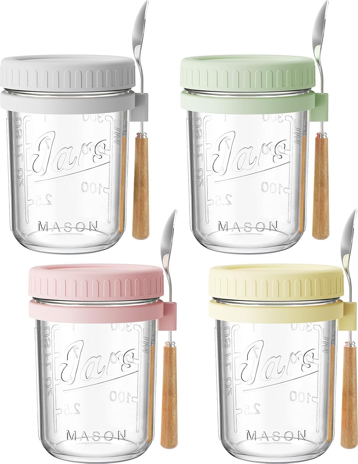 16oz Glass Overnight Oats Containers with Lids & Spoons, 4 Pack MultiColor
