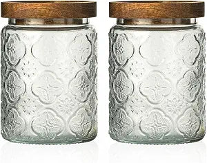 Vintage Glass Kitchen Storage Counter Jar, Kitchen and Pantry Glass Storage, with Airtight Wood Lid for Cookies, Candy, Coffee Tea Beans, Grains,Food Storage Containers (plum-pattern*2)