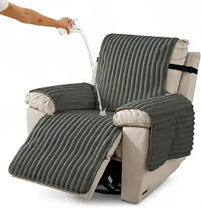 Waterproof Faux Fur Recliner Chair Cover, Non-Slip Recliner Cover That Stays in Place, Warm Thickened Furniture Protector with Side Pockets, Machine Washable, Pet-Friendly Cover for Dogs Dark Gray 28"