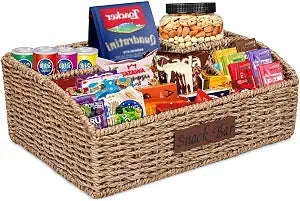 Snack Organizer for Countertop, Trapezoid Snack Organizer Seagrass Wicker Basket, 5 Compartments Snack Box Container, Snack Bar Station Organizer, Kitchen Cabinet Pantry Organizer and Storage