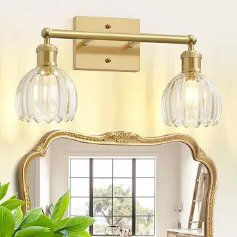 Vintage Bathroom Light Fixtures,2-Light Rustic Vanity Lights for Bathroom,Hallway,16.5 in Brass Vanity Lights,Tulip Light Fixtures for Mirror with Clear Tulip Glass Shade for Bedroom,E26 Base