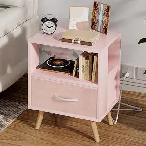 Aenuert Night Stand with Charging Station, Pink Kids Nightstand with Drawer, 2-Tier Nursery Bedside Table with USB Ports and Outlets, End Table for Small Space, Living Room, Bedroom