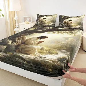 God Praying Boys Girls Bed Sheets,Spiritual Western Bible Verse Room Decor,The Garden of Gethsemane Kids Twin Size Fitted Sheet,Gray Yellow Bedding Set,1 Pillowcase(No Flat)