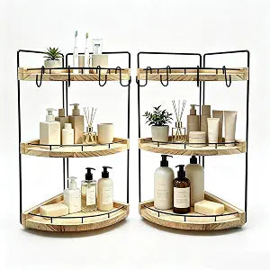 3-Tier Corner Bathroom Countertop Organizer 2-Piece Set, Wood and Metal Vanity Storage Shelves for Skincare, Makeup and Toiletries, Black Frame