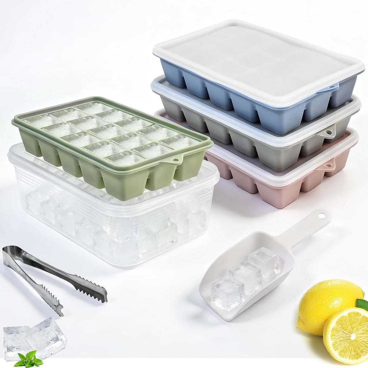 Silicone Ice Cube Trays with Lid and Bin 4 Pack-1.2in for Freezer