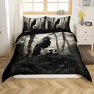Feelyou Sugar Skull Bedding Set Full Happy Halloween Duvet Cover for Boys Girls Teens Room Decor Horror Theme Comforter Cover Set Women Men Raven Animal Print Bedspread Cover, No Comforter