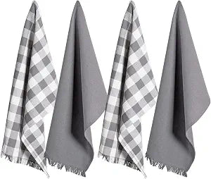 DII Cotton Checker Fringed Dish Towels, 18 x 28" Set of 4, Absorbent Heavyweight Woven Kitchen Towels for Drying and Cleaning Dishes-Gray