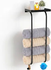 31" Towel Racks for Bathroom, Heavy-Duty Stainless Steel Holds 6 Large Rolled Towels,Wall Mounted Towel Holder with Shelf & Hooks,Extra-Wide Opening Wall Storage for Small Bathroom, Matte Black