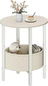 Vagusicc Round Side Table End Table with Storage Basket, Small Side Table Round Nightstand for Small Spaces, Tall Oval End Table with Steel Frame, Coffee Bedside Table for Living Room, Begie