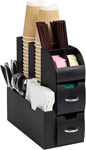 Mind Reader Cup and Condiment Station, Countertop Organizer, Coffee Bar, Kitchen, Stirrers, 5.35"W x 11.25"L x 11.15"H, Black