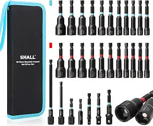 SHALL 29PCS Magnetic Nut Driver Set, Impact Drill Driver Bit 1/4" Hex Shank, SAE & Metric Cr-V Steel Power Nut Drivers with Quick-release Extensions, Impact Socket Adapters, Bit Holder and Storage Bag