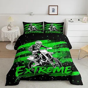 jejeloiu Dirt Bike Comforter Set Full Size Kids Extreme Sports Bedding Set for Boys Girls Teens Adults, Green Motorcycle Rider Duvet Quilt Breathable Soft Lightweight Room Decor 3Pcs