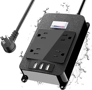 Outlet Extender, Waterproof Surge Protector Power Strip 6 Ft Cord, Outdoor Extension Cord with Multiple Outlets, Shockproof Overload Protection Black (Black-4AC-3A)
