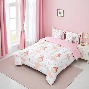 Castle Fairy Ballet Dancer Comforter Set with Sheets Cartoon Stars Girl 7 Piece Bedding Set Twin Size for Kids Girls Women Cute Ballerina Bed in a Bag Soft Bedding Comforters