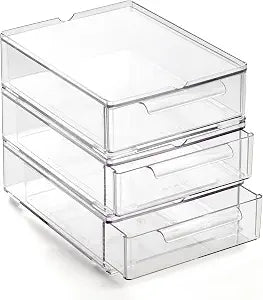 BINO | Clear Stackable Storage Drawers, Small - 3 Pack | Clear Storage Drawers with Built-In Handles | Durable Plastic Organizer Drawer | Modular Stackable Drawer Acrylic Organizer