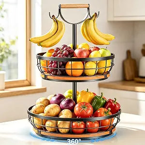 360Rotating Fruit Basket for Kitchen Counter: 2 Tier Fruit Bowl Wood Base