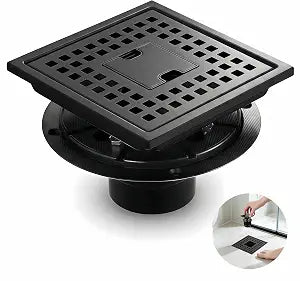 6 Inch Matte Black Square Shower Drain Kit with Lift-Out Hair Catcher, 304 Stainless Steel Shower Floor Drain with ABS Flange, for Bathroom