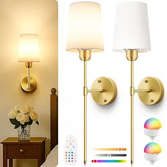 Battery Operated Wall Sconces Set of 2, Gold, 15 RGB, 23 Inch