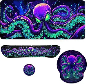 Octopus Mouse Pad Set Cool Neon Purple Green Cthulhu Monster Gaming Mousepad 4in1 Desk Mat for Desktop Wrist Support Cup Coaster Set Ergonomic Computer Desk Arm Wrist for Decor Home Office