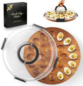 Renmxj Deviled Egg Containers with Lid, Acacia Wooden Base with 24 Slots