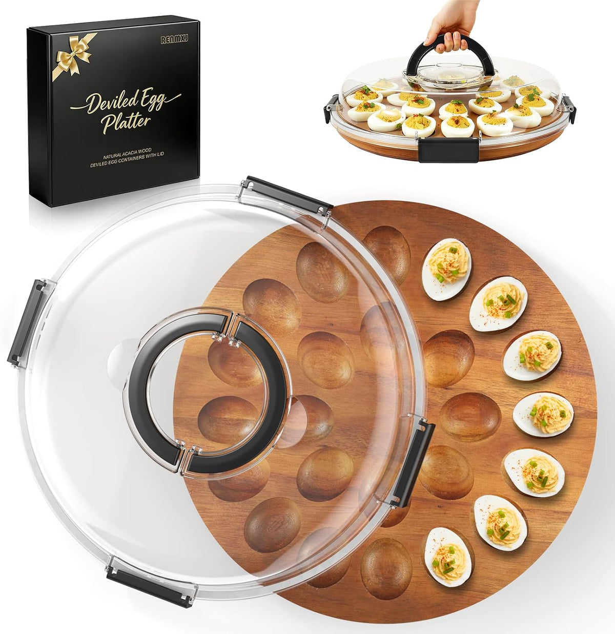 Renmxj Deviled Egg Containers with Lid, Acacia Wooden Base with 24 Slots