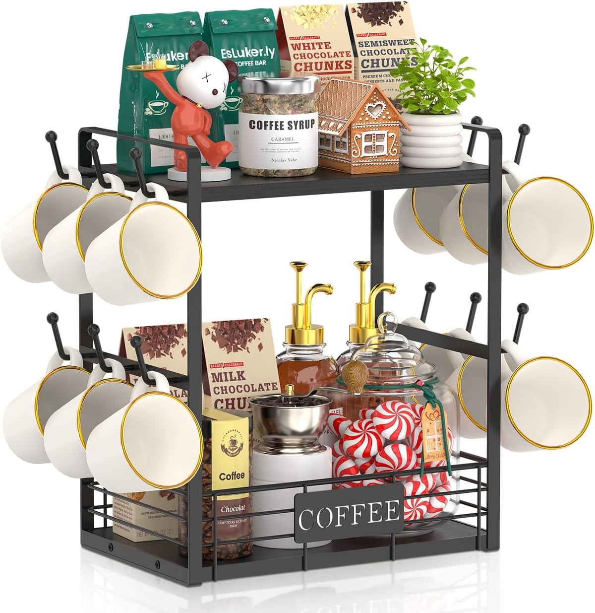 EsLuker.ly Coffee Mug Cup Holder Tree Bar Station Organizer, 2 Tier Black