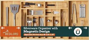Silverware Organizer Large, Magnetic Connected Expandable 13 Slots Silverware Drawer Organizer From 21 to 37.4 Inches, Adjustable Flatware and Cutlery Holder, Bamboo Utensil Tray for Kitchen Natural