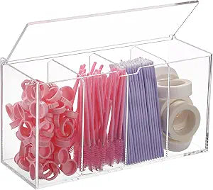ELLDOO Lash Extension Organizer Box with Lid, Acrylic Eyelash Supplies Organizer Storage Box, 4 Compartments Bathroom Supplies Storage Container for Cotton Swabs, Balls, Pads, Floss Picks