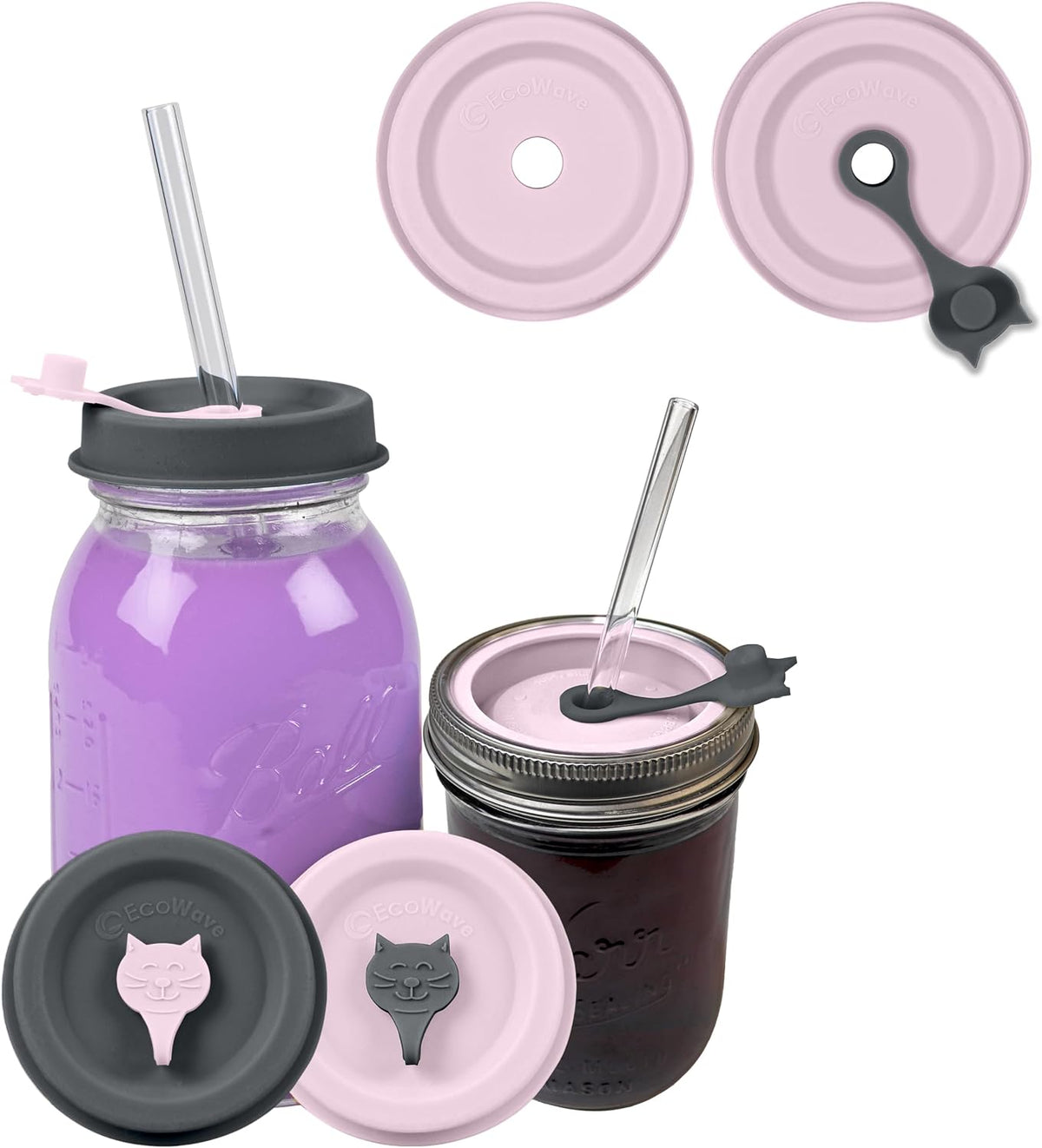 ORIGINAL CREATOR - FlipFitâ„¢ Silicone Mason Jar Lids with Straw Hole - Dual-Fit Regular & Wide Mouth Mason Jars Ball, Kerr, Mainstays, Golden Harvest, Anchor Hocking, Bernardin - Drinking Top Lids