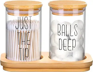 Funny Qtip Holder Dispenser 2 Pack Glass Apothecary Jars Canisters with Tray, Cotton Ball Qtip Holder Bathroom Set with Bamboo Lids for Cotton Swab Farmhouse Bathroom Storage Organization