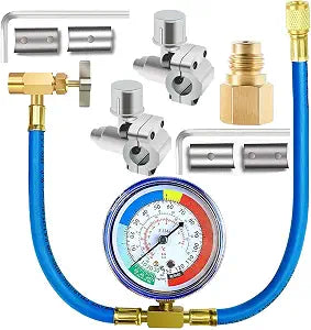 R134A Refrigerator Freon Recharge Hose Kit, R134A AC Refrigerant Charging Hose Gauge, Bullet Piercing Valve Hose Refrigerant Can Tap, R134a Self-Sealing Adapter for Home AC Refrigerant System