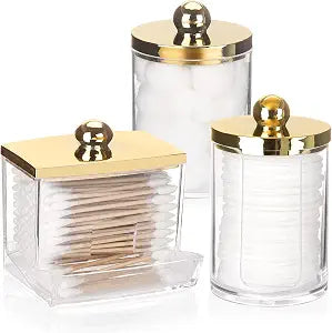 Tbestmax 3 Pack Qtips Dispenser - Bathroom Organizers and Storage Containers, Plastic Apothecary Jars with Gold Lids for Cotton Ball Swab Round Pads, Floss - Gold