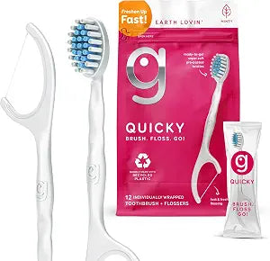 Grin Quicky Disposable Toothbrush with Flosser, Pre-Pasted Soft Bristles, No Water Needed, Individually Wrapped Travel Toothbrush Kit, Mint Flavor, 12 Count