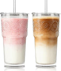 SoulTimes 20oz Ribbed & Floral Glass Tumbler with Lid and Straw - Iced Coffee Glasses Cups for Smoothie, Matcha, Juice, Water etc. Leakproof and Reusable Glassware Drinking for Travel To Go [2Pcs]