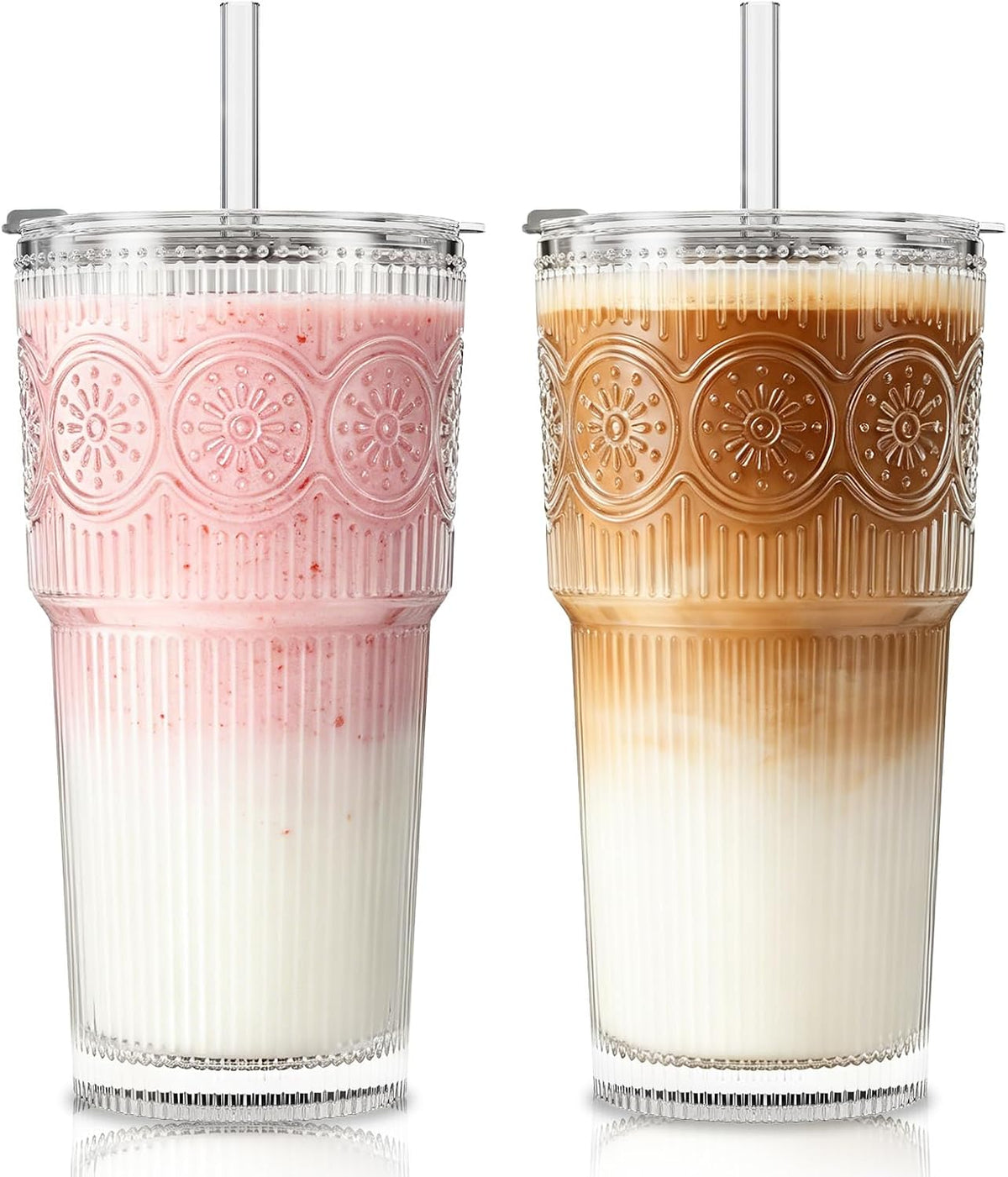 SoulTimes 20oz Ribbed & Floral Glass Tumbler with Lid and Straw - Iced Coffee Glasses Cups for Smoothie, Matcha, Juice, Water etc. Leakproof and Reusable Glassware Drinking for Travel To Go [2Pcs]