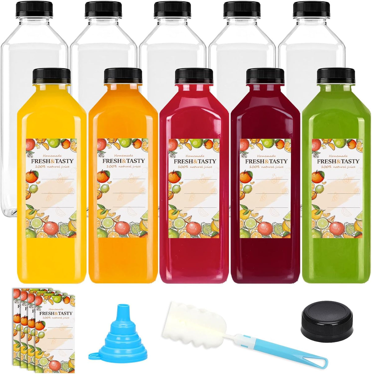 TOMNK 10 Pack 33 OZ Plastic Juice Bottles with Caps, Sticker Labels, Brush