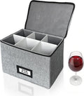 HURZMORO Wine Glass Storage Box with Dividers, Holds 6 Red or White Wine Glasses, Hard Top and Sides,6 Compartment Stemware Storage Container, Grey