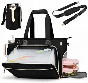 Lunch Work Tote Bag for Women with Accordion File Organizer Pocket, 3 in 1 Daily Tote Bag with Insulated Lunch Compartment& 15.6 Inch Laptop Compartment for Business Teacher Nurse (Black)