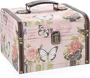 ELLDOO Decorative Treasure Chest Box, Wooden + PU Leather Storage Box for Jewelry Trinkets, Keepsakes box for Girls Women Gifts (Butterfly Pattern, Large)