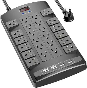 QINLIANF Surge Protector Power Strip - 6Ft Flat Plug Heavy Duty Extension Cord with 24 Outlets and 4 USB Ports(2 USB-C Ports), 4100J, for Home, Office, Dorm, ETL Listed, Black