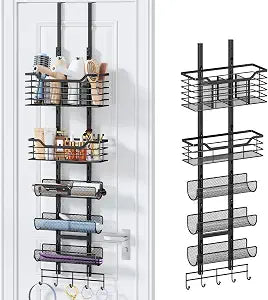 Consumest 6-Tier Hair Tool Organizer - Hair Dryer Holder Over The Door/Wall Mounted DIY Adjustable Shelf Bathroom Door Organizer with Hook for Curling Iron/Blow Dryer/Straightener Black