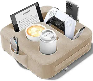 Couch Cup Holder Pillow, Sofa and Bed Organizer Caddy for iPad, Kindle, Switch, Game Controller, Remotes, Phones, Small-Sized Cup & Drink Holder for Couch, Bed, Desk, Car, Beach, Desk, Khaki