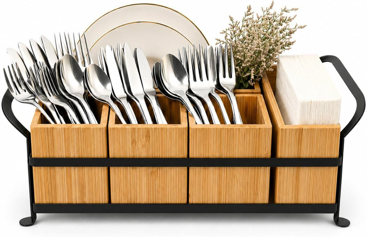 Bamboo Utensil Caddy for Parties with Silverware and Paper Plate Holder