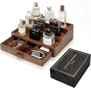 Cologne Organizer for Men, 3 Tier Wooden Cologne Stand with Drawer Storage and Hidden Compartment, Perfume Display Holder for Dresser, Great Gifts for Him Dad Fathers, Brown
