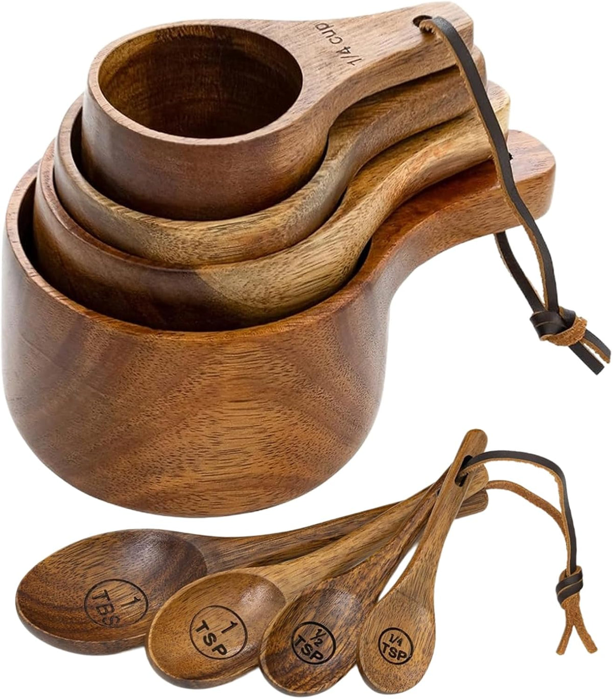 Wooden Measuring Cups and Spoons Set - Eco-Friendly Solid Acacia Wood, Laser Engraved Measurements, Perfect for Baking & Cooking - Ideal for Bakers, Chefs & Home Cooksï¼ˆbrownï¼‰