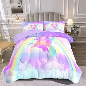 Kids Comforter Bedding Set 3 Pieces Super Soft Breathable Print Kids Bedding Sets for Girls, Machine Washable Durable Comforter Set, 2 Pillowcases Rainbow(Twin, Purple Unicorn)