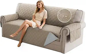 PrinceDeco Couch Cover for 3 Cushion Sofa Wateroroof Couch Sofa Cover for Dogs Diamond Quilted Pattern Furniture Protector Cover with Elastic Straps for Pet Cat (Sofa,Taupe)