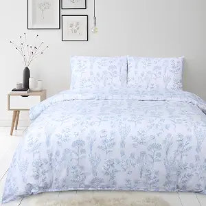 Blue Floral Duvet Cover Set Queen White Cotton Flower Girly Bedding Set