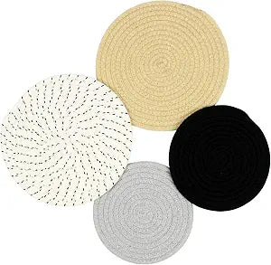 Casaphoria Cotton Trivets Set 4pcs 2Sizes 7 & 9 Inches Diameter Trivets for Hot Pots Pans Kitchen Dishes (Touch of Glam), Brown and Black