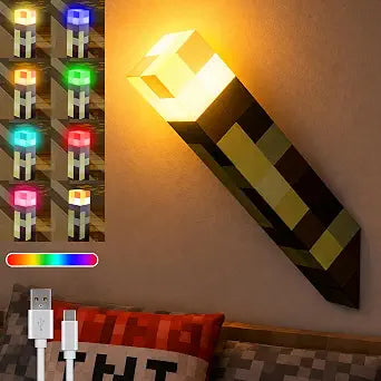 Pixelated Torch Night Light for Kids, Glowing LED 7 Colors Change Wall Lamp